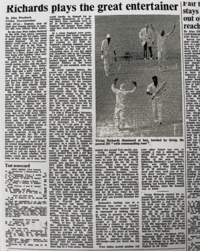 Times newspaper report on 1976 Oval England v West Indies Test - day two